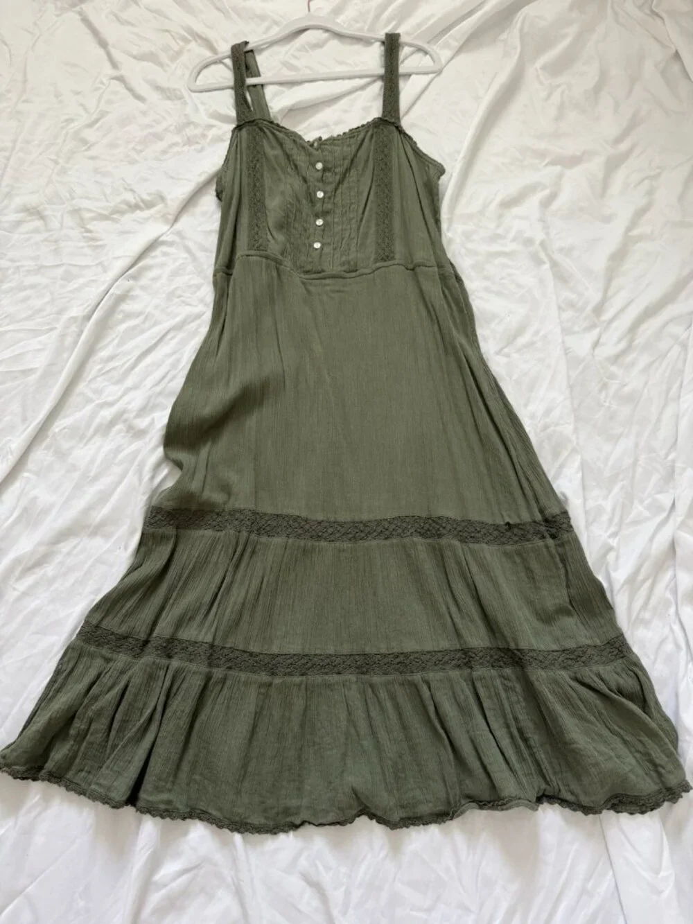Aerie Dress Green Midi V-Neck Sleeveless Strappy Button Ruffle Cotton L - Picture 1 of 3